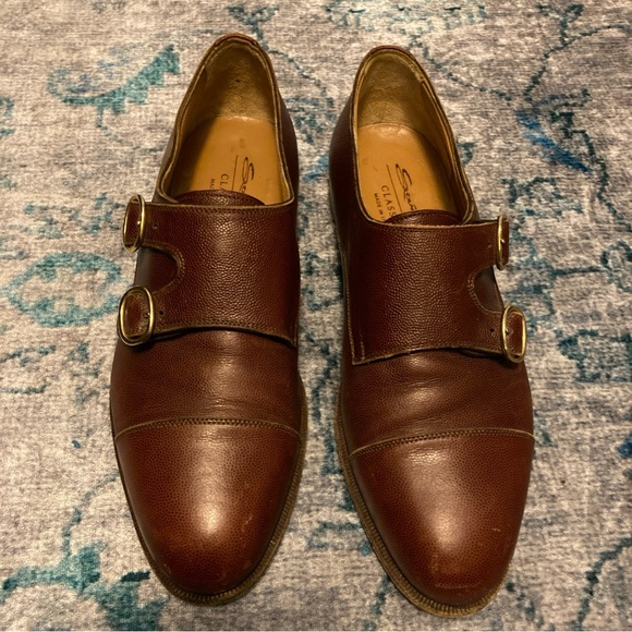 Santoni 15617  02 Brown Pebbled Leather Plain Toe Double Monk Strap Size 8.5D main image 8